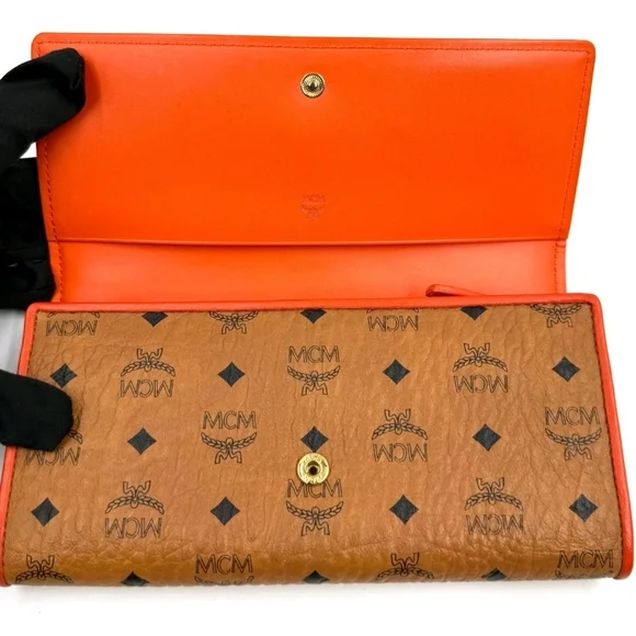 MCM Visetos Orange Canvas Long Wallet.